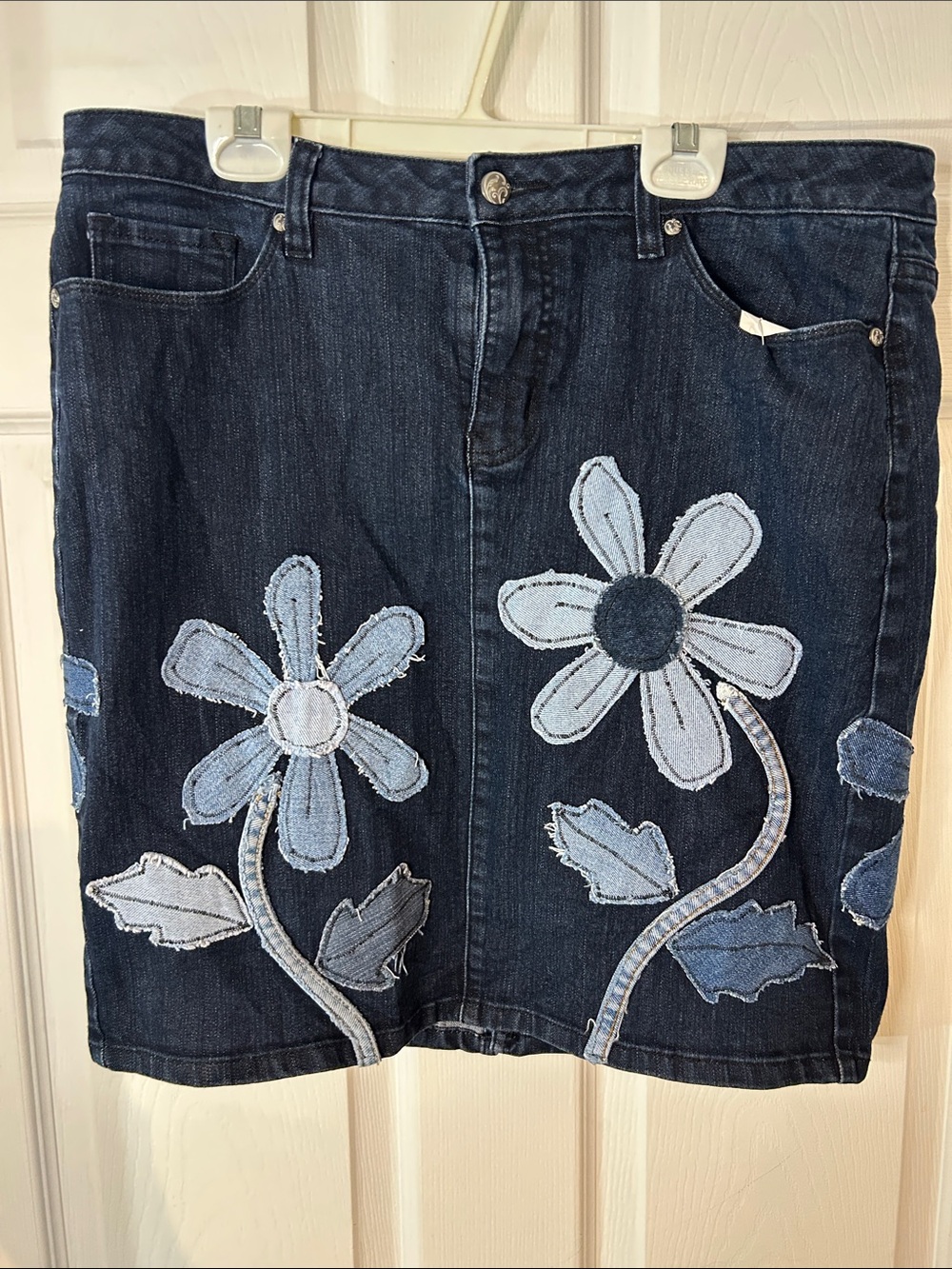 Up-cycled Dark Blue Denim Mini Skirt with Light Blue Floral Appliqué